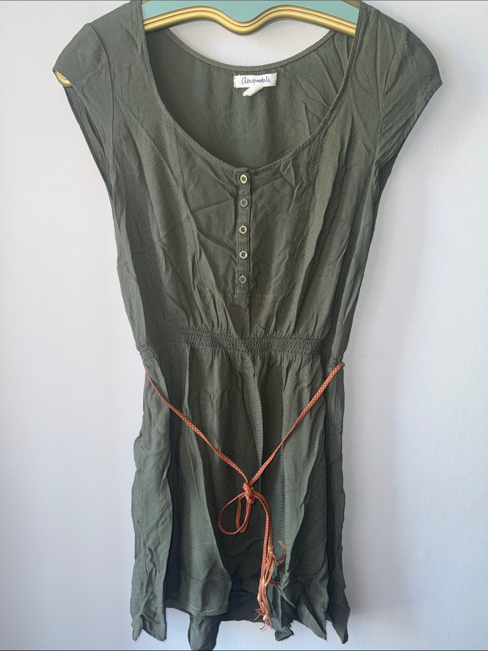 Aeropostale Olive Green Button-Front Waist-Tie Dress